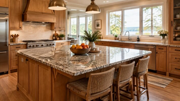 Kitchen with large island with granite countertop